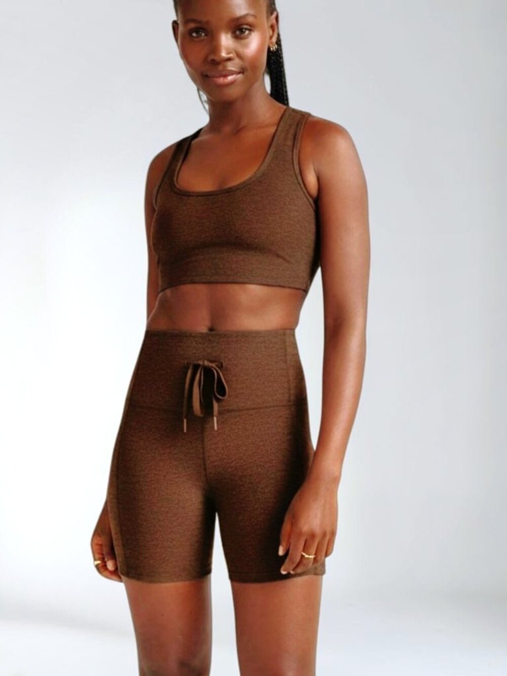 Beyond yoga workout set simplicity bra & 3" high rise pocket short Bold Mocha XS